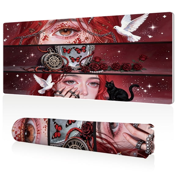 LIVEKEY Mouse Pad Mysterious Red Haired Beauty Design 80x40x0.3cm Extra Large Full Desk Coverage Non Slip Surface Durable Easy Clean Stitched Edges for Gaming and Office Use