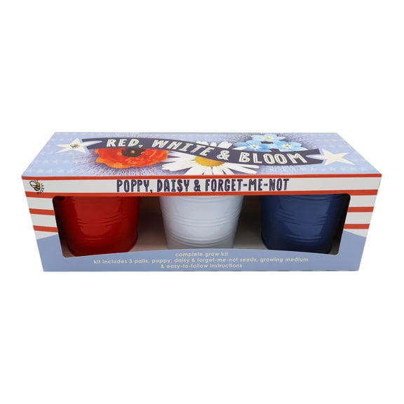 Americana Flower Grow Kit (Set of 3) – Red, White & Blue Pails with Poppy, Daisy & Forget-Me-Not – Patriotic Indoor & Outdoor Plant Kit