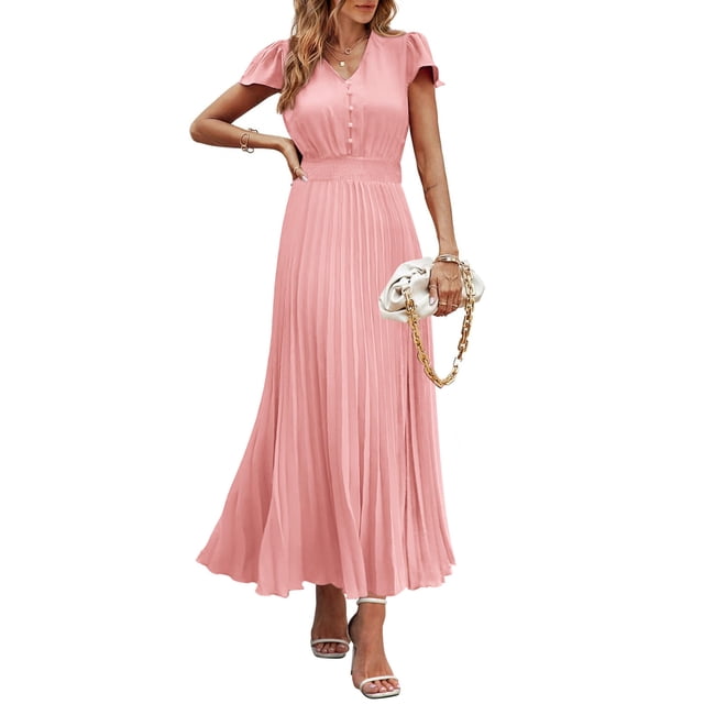 Vestido largo PRETTYGARDEN para mujer, cuello en V, cuello en V, volantes, rosa