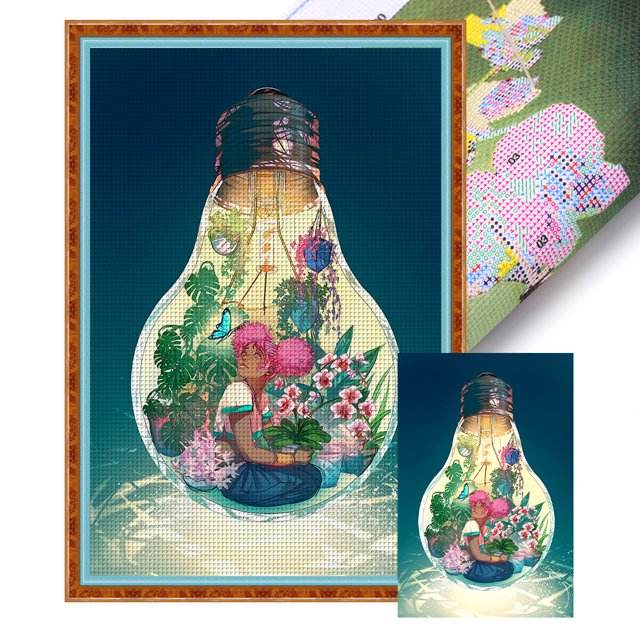 Bordado Algodón Ecológico 11CT Niña en Bombilla Punto Cruz 50x75cm