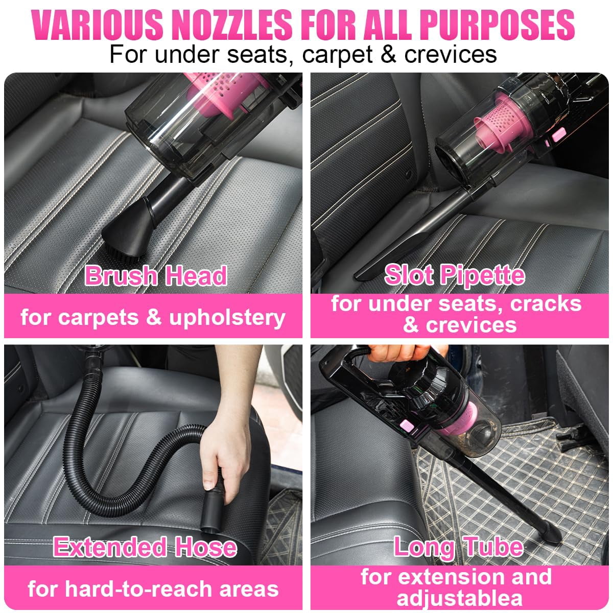 Viewsun Car Vacuum Cordless Rechargeable, 8000PA High Power Handheld Vacuum Cleaner with 17PCS Car Cleaning Kit, Pink Auto Accessories for Women Gift