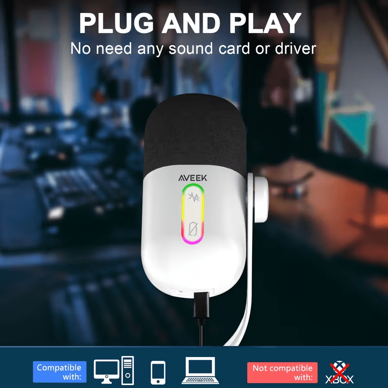 Aveek USB Condenser Microphone, Gaming Mic with Noise Cancellation for Streaming/Discord/Podcast/Asmr,Cardioid Pickup for Windows/MacOS/Android, White