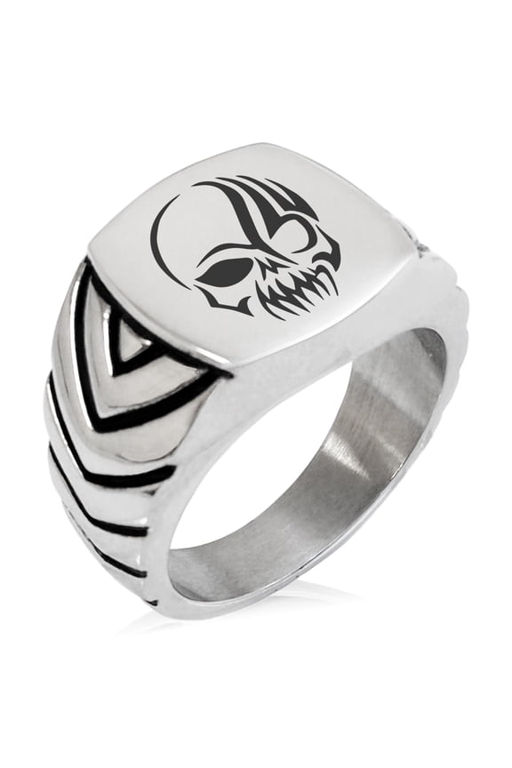 Stainless Steel Death Zombie Skull Chevron Pattern Biker Style Polished Ring