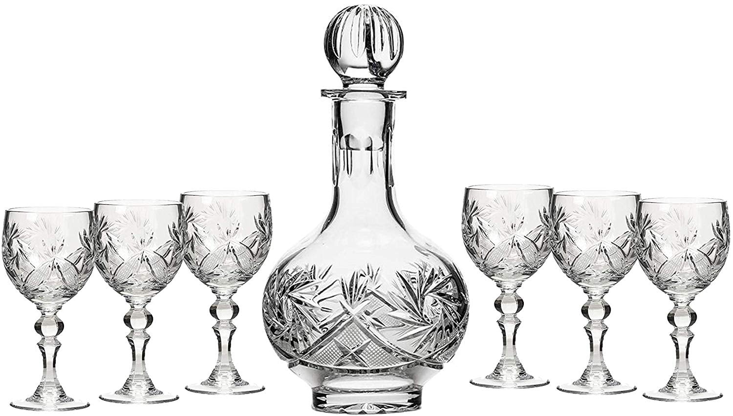 7Piece Russian Crystal Vintage Vodka Set, 16Oz Decanter Carafe w/ 6