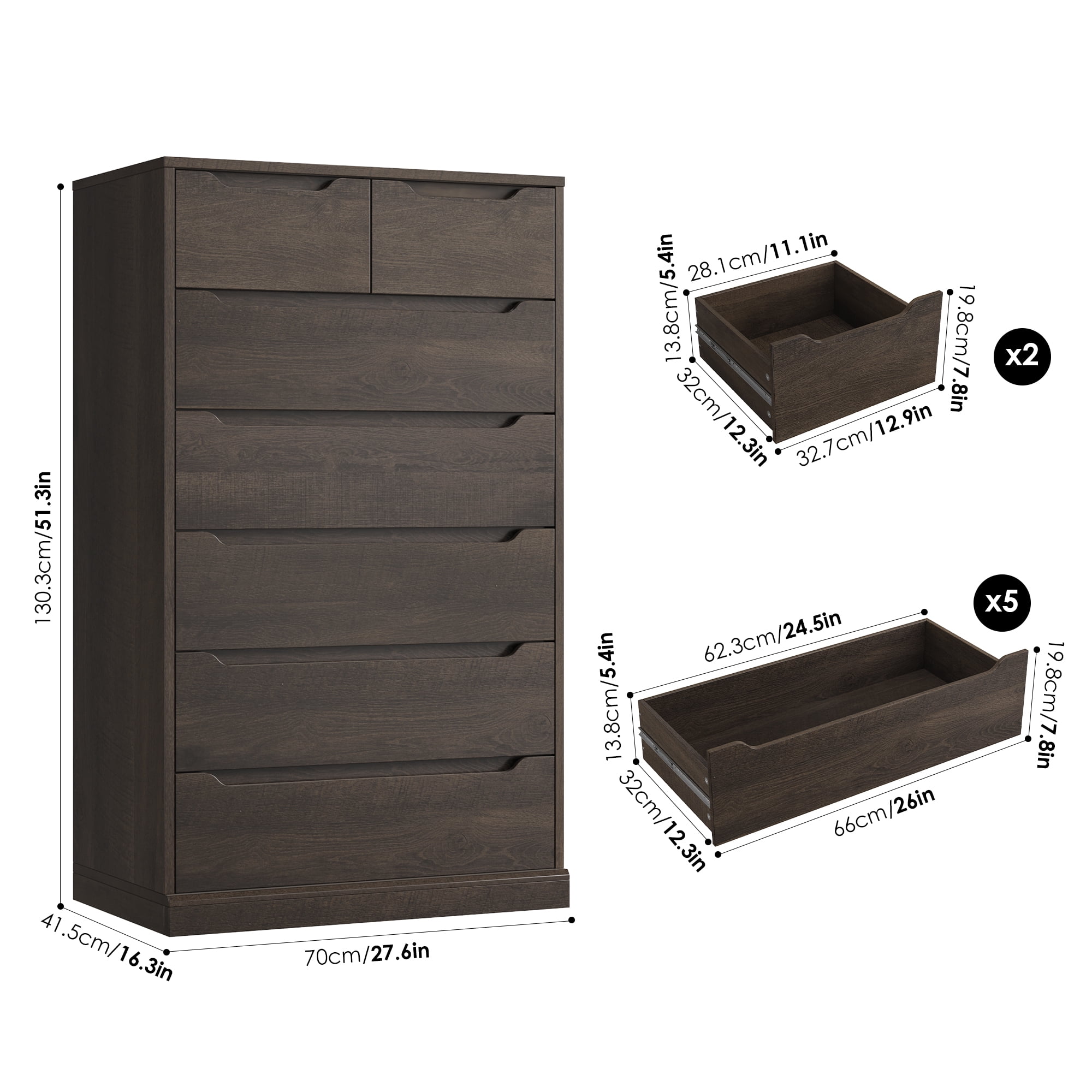 Homfa Vertical 7 Drawer Dresser, 51.3 in Tall Wood Storage Cabinet with Upgraded Stable Base for Bedroom Living Room, Dark Brown