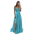 thumbnail image 1 of Vestido Bridemsaid Monvelli de satén con cuello vuelto y bolsillos, azul 18W, 1 of 7