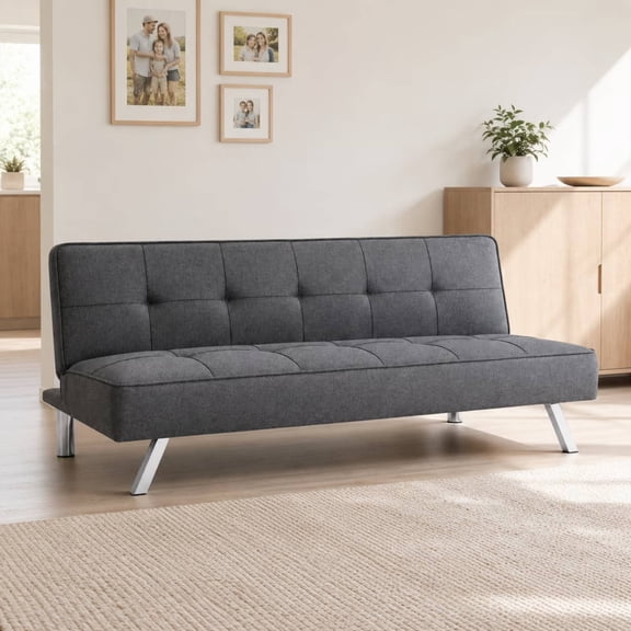 66" Futon Sofa Bed, 3-in-1 Convertible Sleeper Couch Bed for Small Spaces, Tufted Back Loveseat for Living Room, Grey