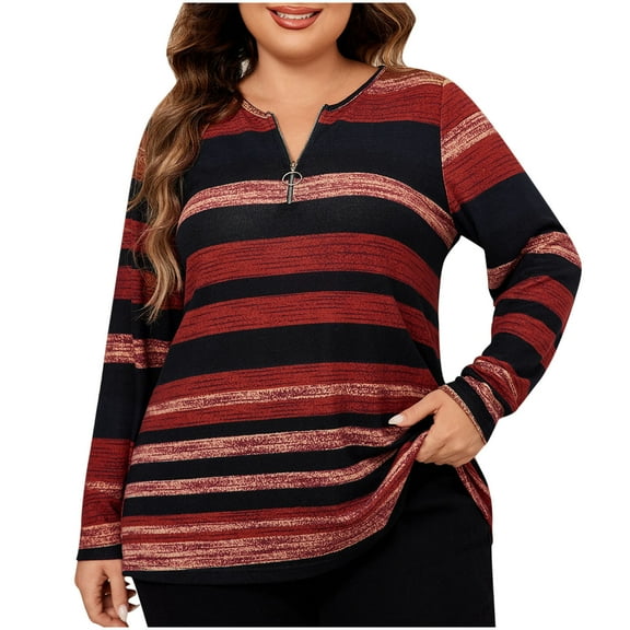 Plus Size Oversized Sweater for Women Striped Tunic Half Zip Long Sleeve Knit Pullover Tops Red XL