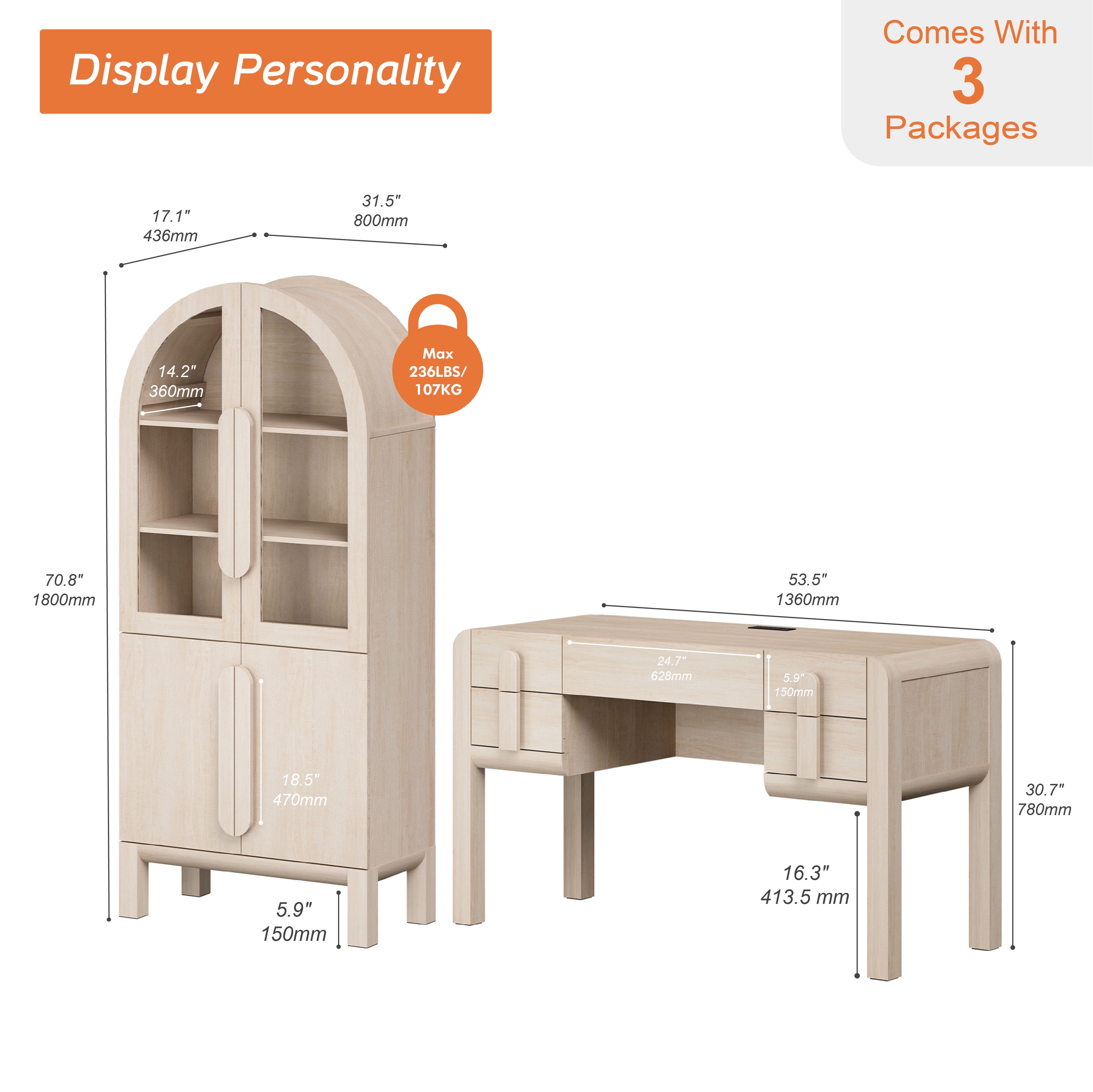 2 Piece Office Set, 53.5" Modern Executive Desk with Charging Station and Drawers & 71"H Tall 5-Tier Arched Bookcases with Glass Door for Living Room, Bedroom, Home Office