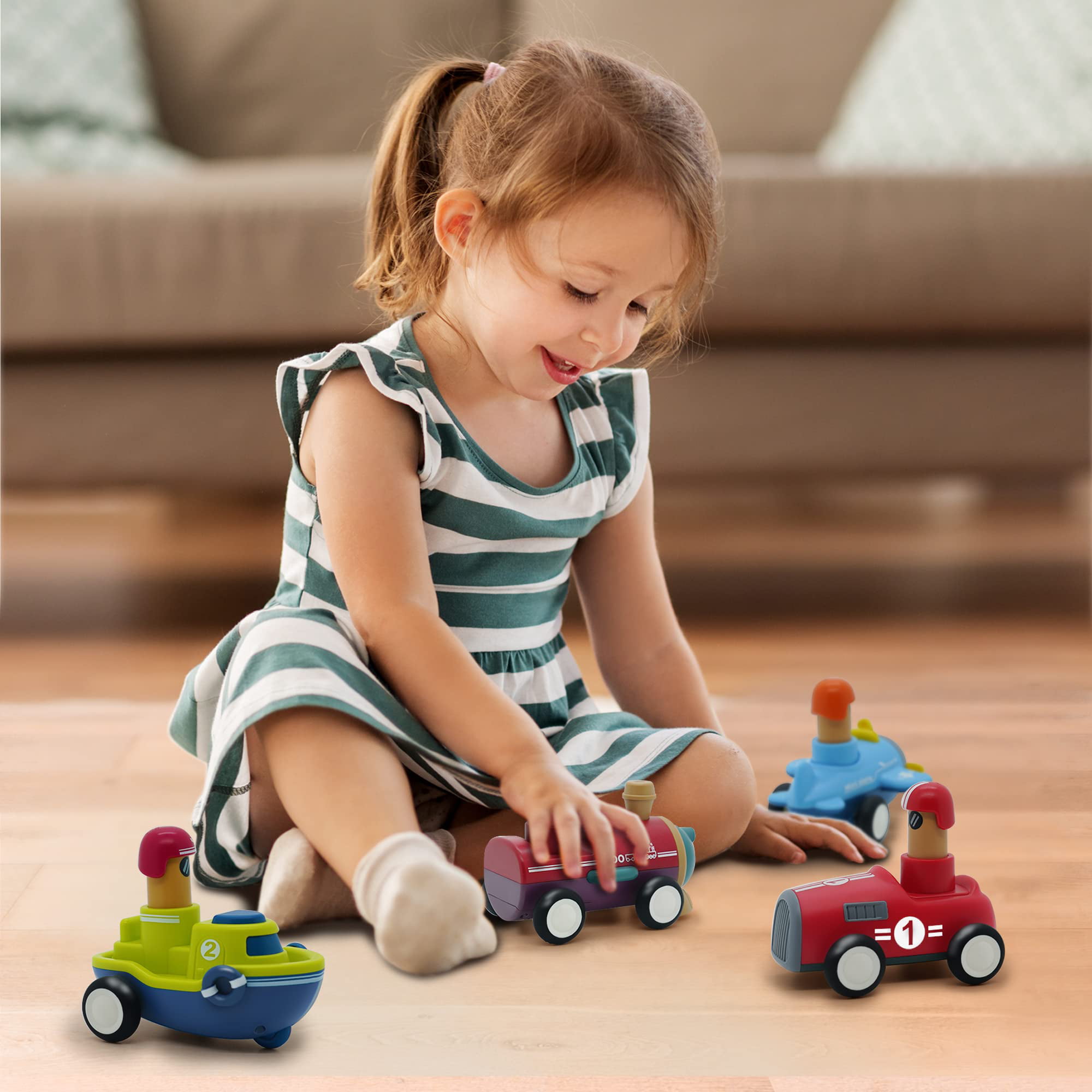 4pcs/set Press And Go Cars Toy Play Friction Powered Vehicles Car Airplane  Boat Train Shape Car Gifts For Baby Kids