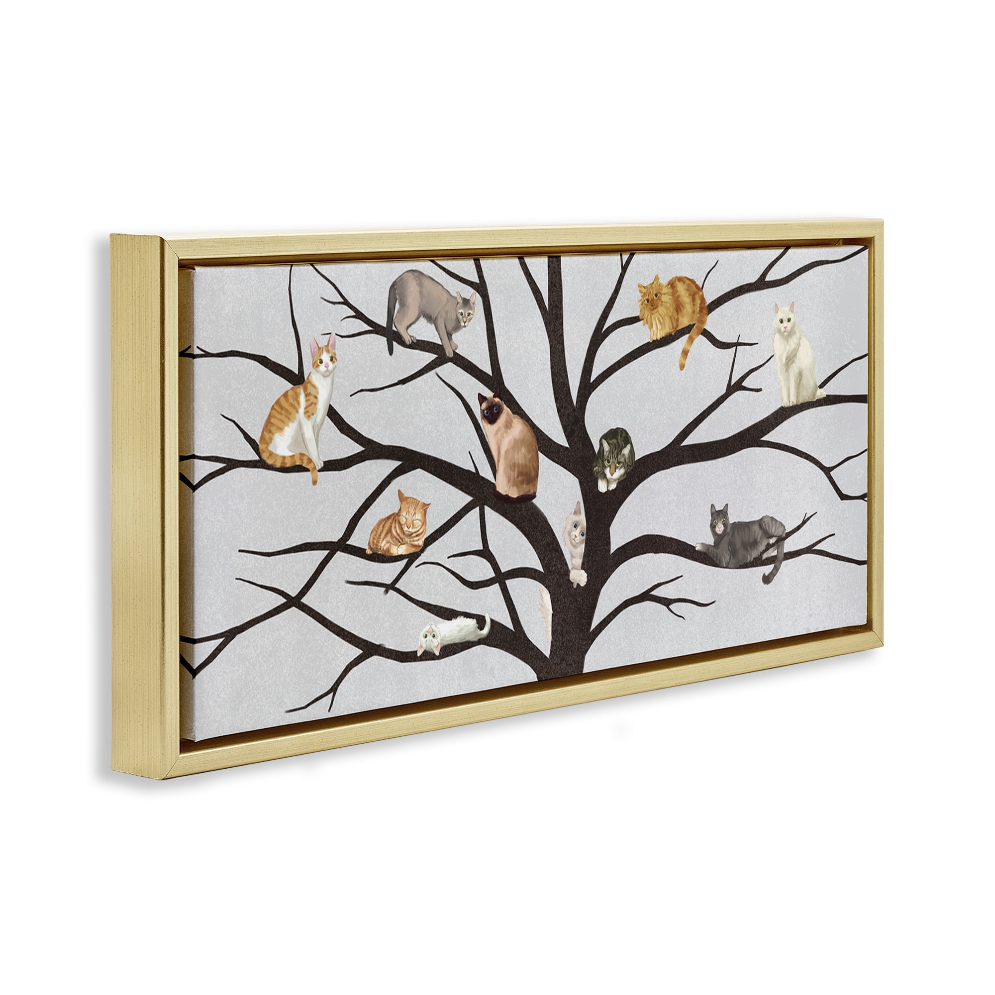 Stupell Industries Cats In Tree Pet Painting Animals & Insects Painting Gold Floater Framed Canvas Art Print Wall Art, 31 x 14