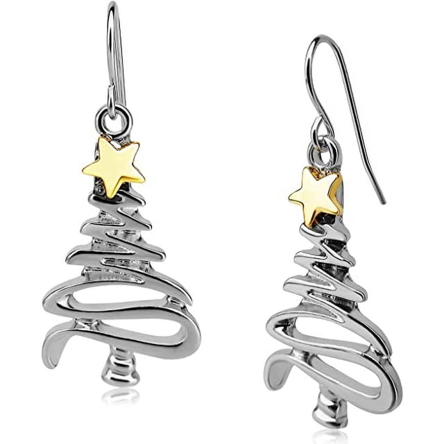 Pendientes colgantes con diseño de árbol de Navidad, color dorado y plateado, en dos tonos, para mujeres y niñas