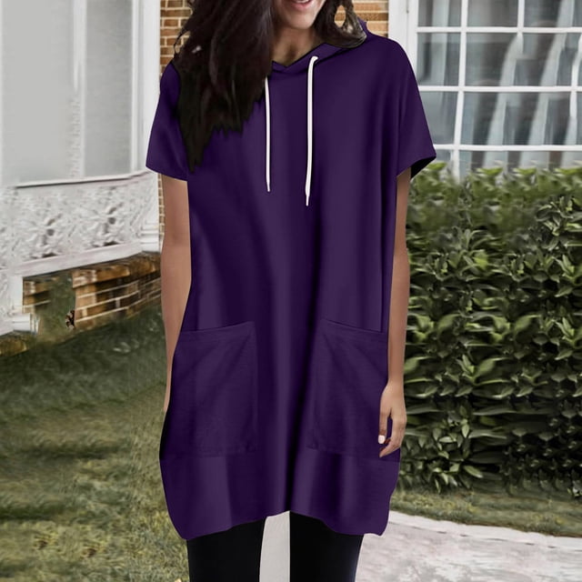 Meichang Long T Shirts for Women with Hood Oversized Short Sleeve Tees Loose Fit Drawstring Hooded T Shirts Solid Color Tee Tops with Pockets