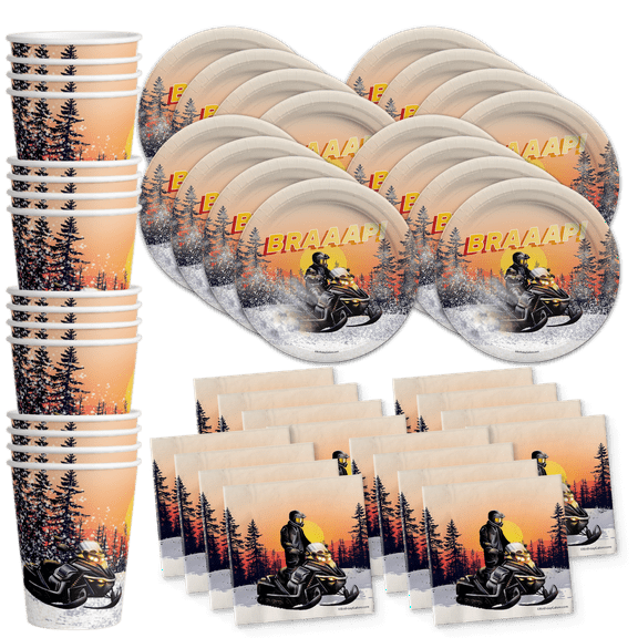 Snowmobile Birthday Party Supplies Set - Sledding Racing Offroad Party Supplies - | Winter Tableware Set Includes Plates, Napkins and Cups | Kit for 16
