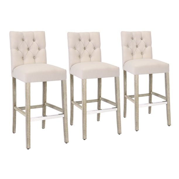 WestinTrends Hayes Bar Chairs Set of 3, Linen Upholstered Button Tufted