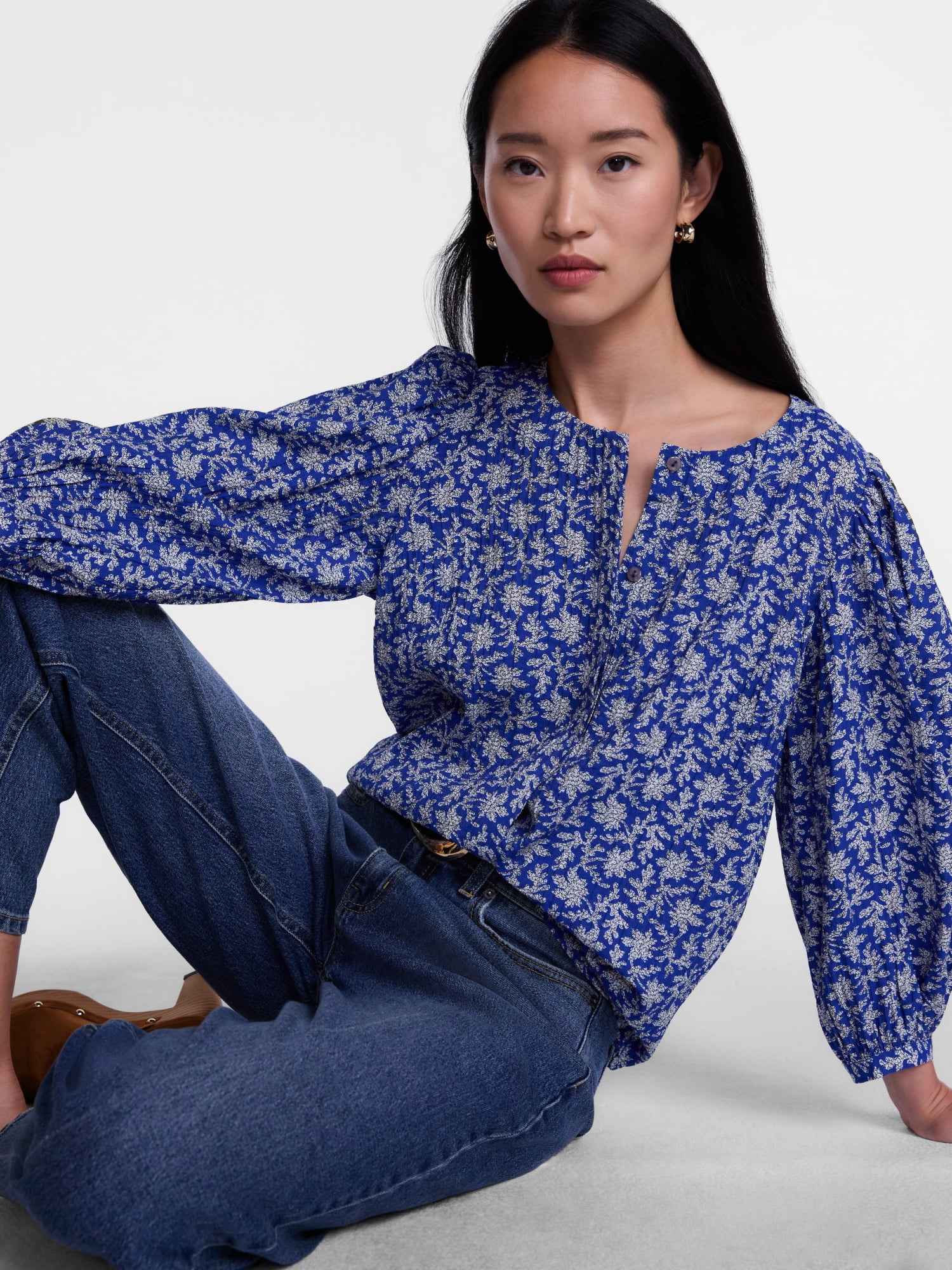 Scenario Women's and Women's Plus Blouse with 3/4-Length Puff Sleeves, Sizes XS-4X