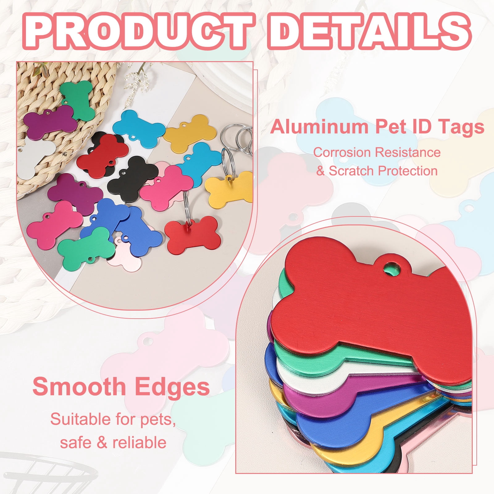 Pet ID Tags, Personalized Dog Cat Tag Aluminum Bone Shape Engraved Blank with Key Ring 38x25mm (Rose Red, 36 Pcs)