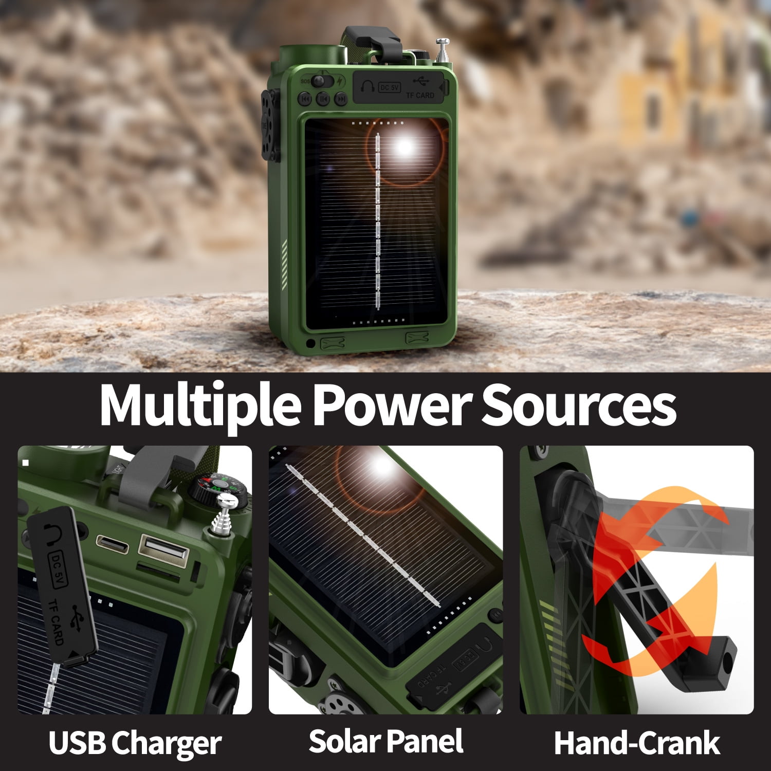 FosPower IPX3 Portable Solar Crank Emergency Weather Radio (Model D9) NOAA AM FM Hand Crank Radio w/ 14800mWh Power Bank, Bluetooth, USB, Flashlight, SOS Alarm for Home/Outdoor
