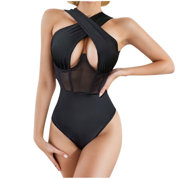 POIUYTR Bodysuits for Women Wrap Sleeveless Sexy Criss Cross Cut Out Halter Thong Bodysuits Clubwear Shaping One Piece Leotard Jumpsuits