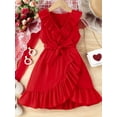 thumbnail image 2 of Suealasg Little Girls Summer Casual Dress Solid Color V Neck Wrap Ruffle Princess Dress with Belt Kids Girls Beach Party Clothes, 2 of 9