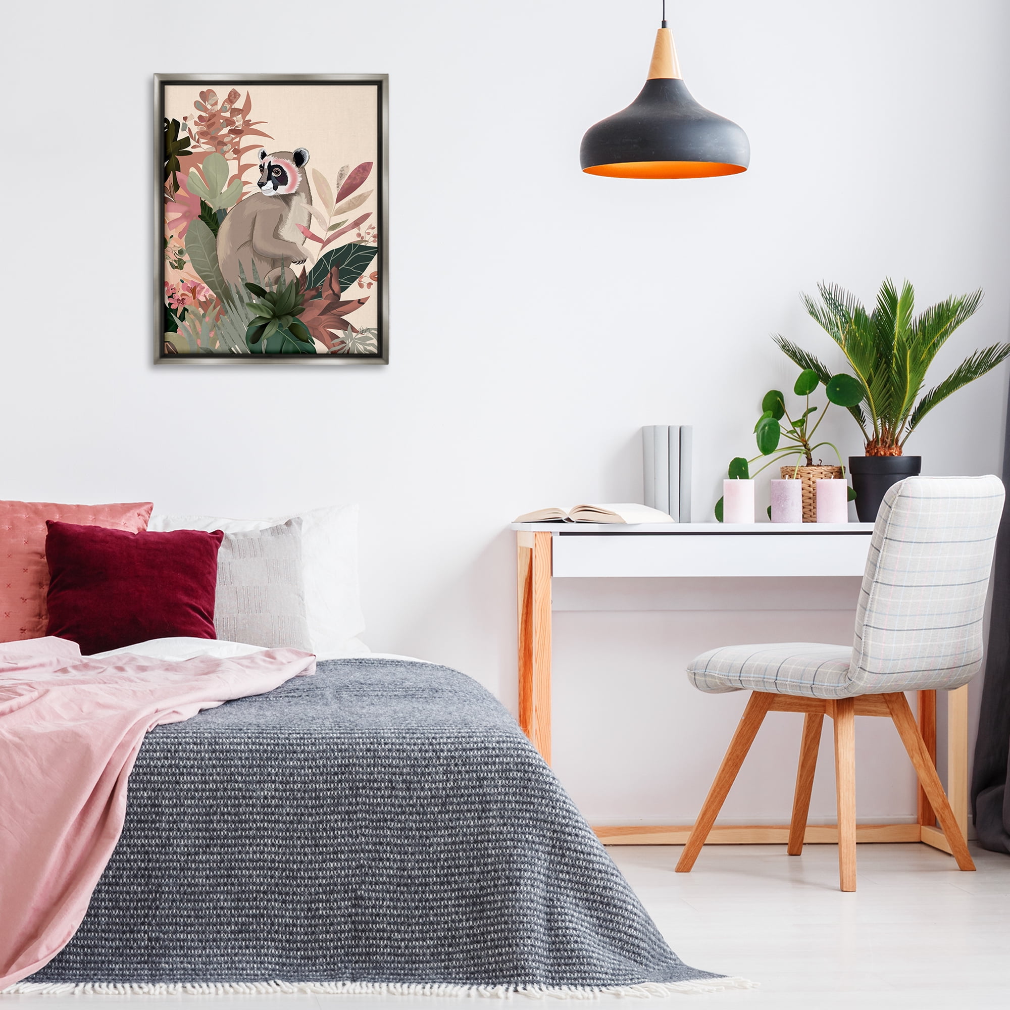 Stupell Industries Lemur & Tropical Plants Animals & Insects Painting Gray Floater Framed Canvas Art Print Wall Art, 25 x 31