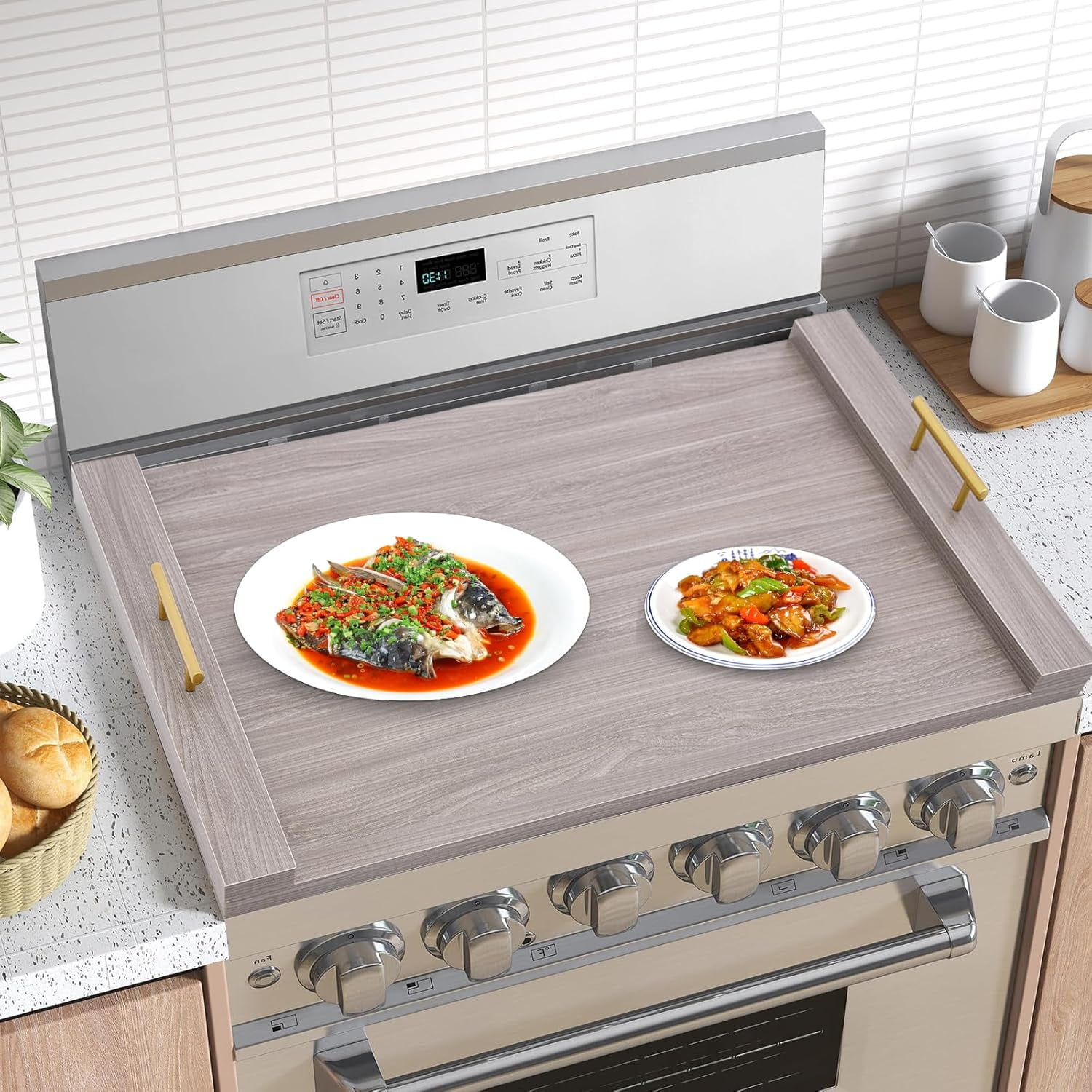 Noodle Board Stove Covers, Gas Stove Cover with Handles, Wooden Stove Top Covers for Electric Stove, Stove Top Cutting Board, Rv Sink Cutting Board, 30"L X 22"W (White)