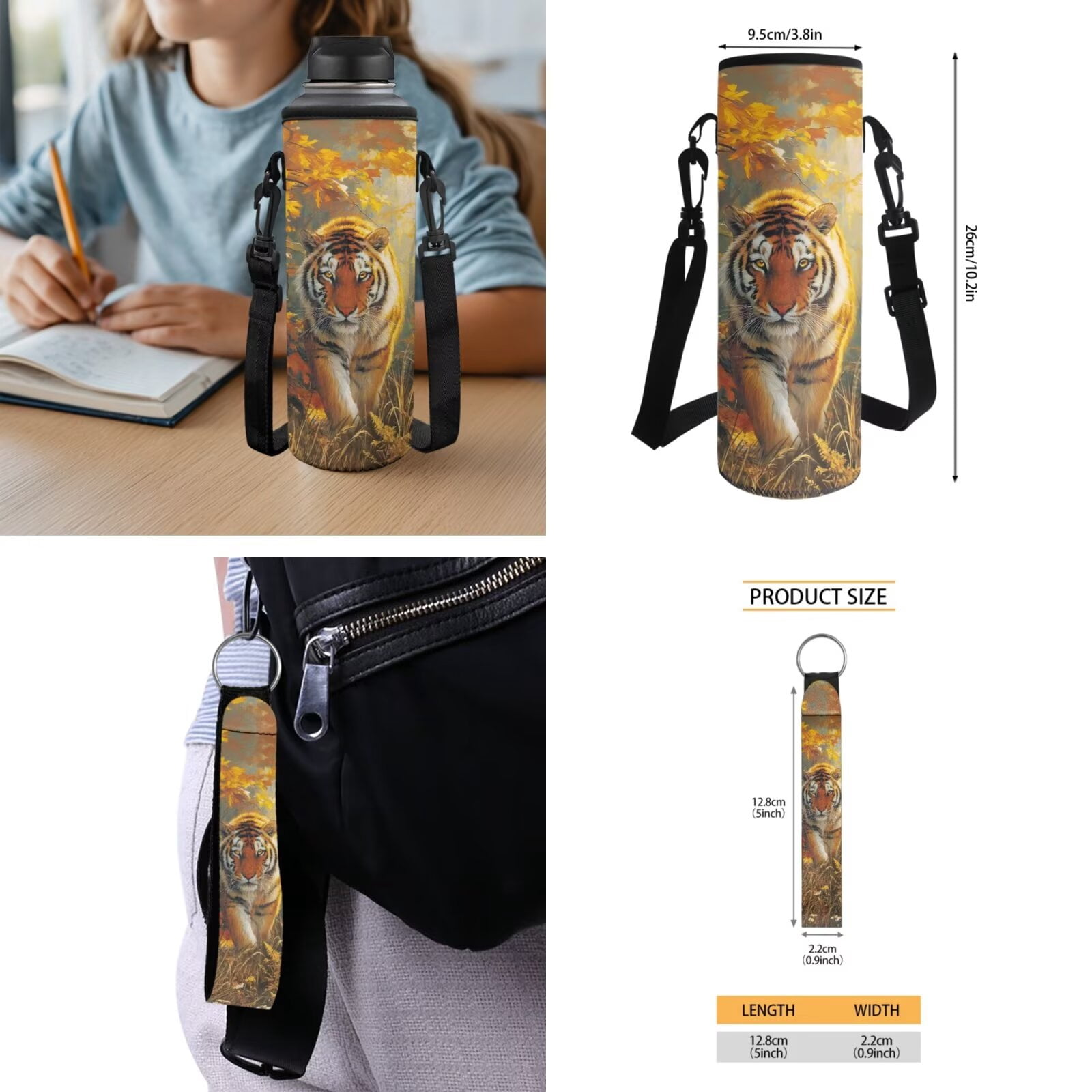 Pzuqiu Tiger Print Cute Back Pack Backpacks for Boys with Lunch Box Water Bottle Bag School Backpack for Boys 5 Pcs Rucksack Travel Bag for Kids
