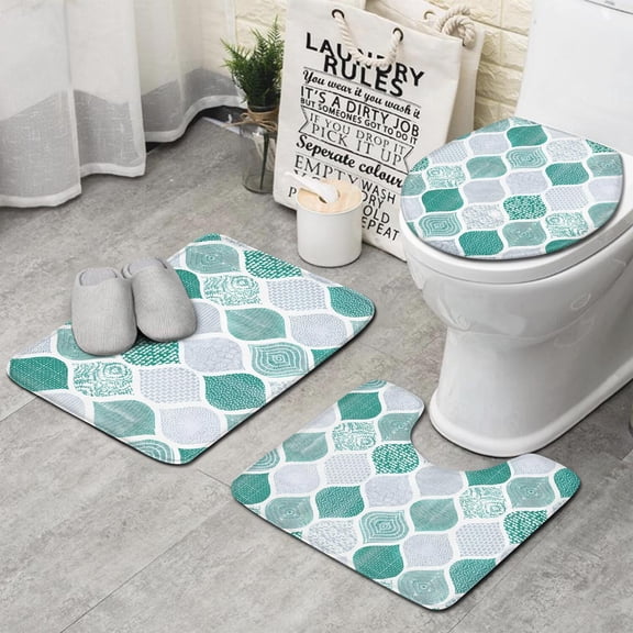 Green and White Geometric Quatrefoil Pattern Bathroom Rugs Sets 3 Piece,Toilet Cover Set,Absorbent Non Slip Bathroom Mats Sets with U-Shaped Contour Rug Toilet Rug Set