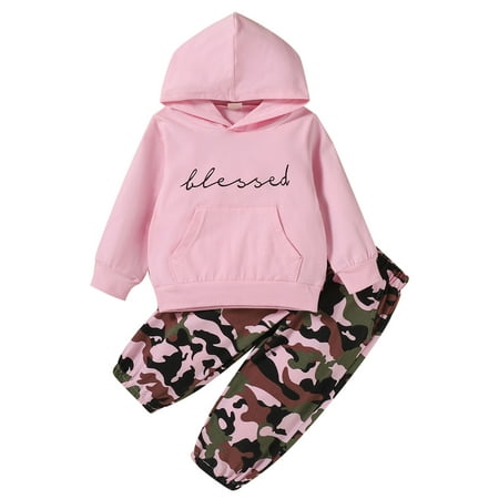 

Cathery 2Pcs Kids Tracksuit Girls Letters Hooded Sweatshirt and Camouflage Pants