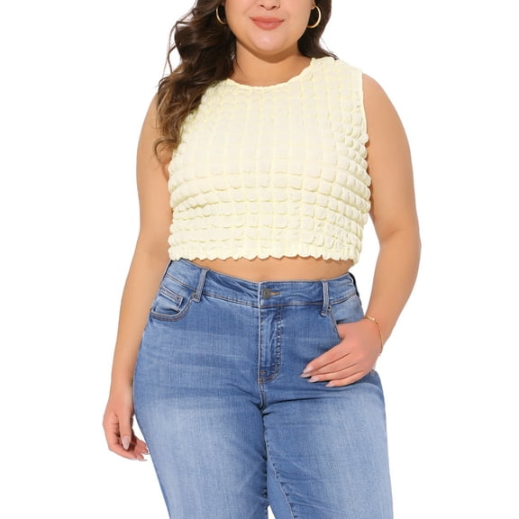 Agnes Orinda Women's Plus Size Cropped Tank Top Popcorn Textured Summer Crew Neck Sleeveless Going Out Shirt Cami 1X Beige