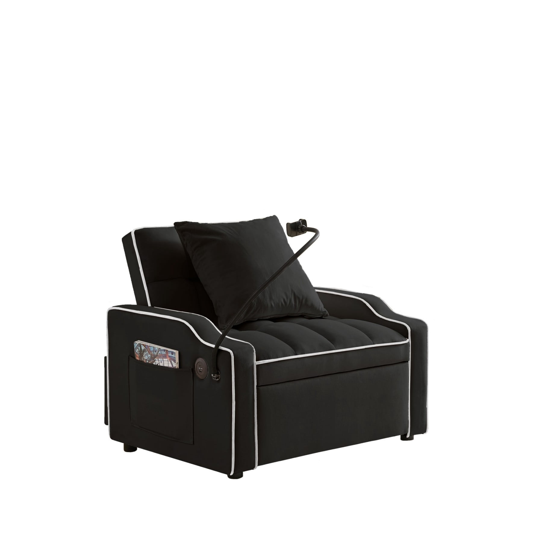 3-in-1 Sleeper Sofa Chair Bed with USB & Type-C, Adjustable Velvet Recliner Couch for Small Spaces, Black