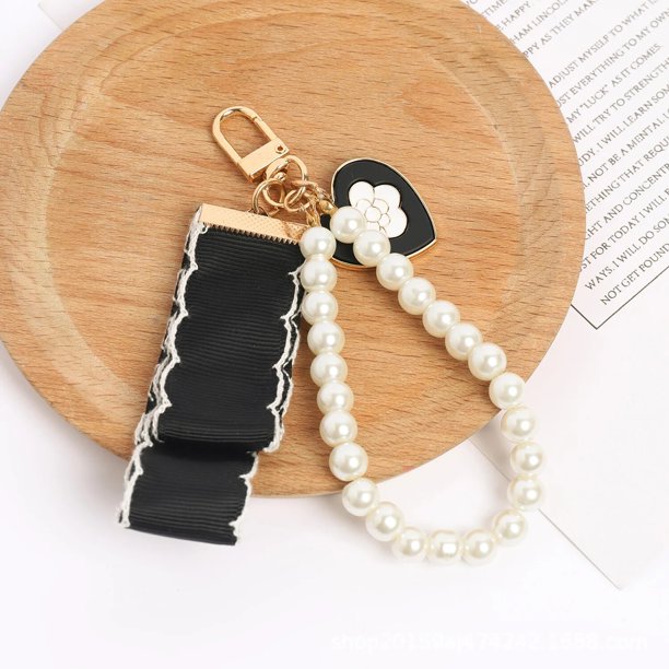 LLavero de amor negro Retro para mujer y niña, colgante nacarado con lazo, funda para auriculares, adorno, llaveros, regalo para pareja