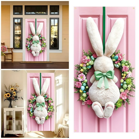 Binwennn Garden Flags for All Seasons Easter Door Curtain Easter Bunny Door Cover Easter Holiday Party Decoration