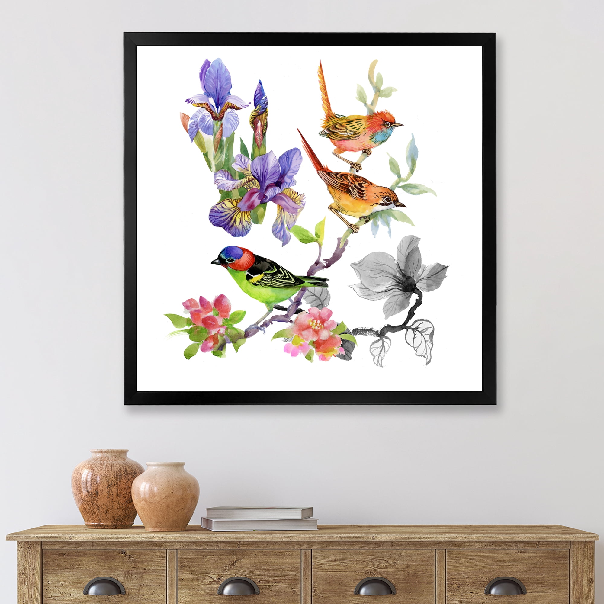 Designart 'Colourful Birds and Tropical Flowers I' Traditional Framed Art Print