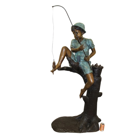 Boy Sitting on a Tree and Fishing Bronze Statue -  Size: 34"L x 28"W x 64"H.