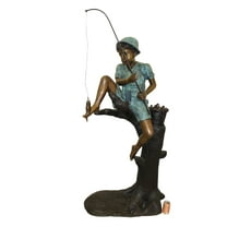 Boy Sitting on a Tree and Fishing Bronze Statue - Size: 34"L x 28"W x 64"H.