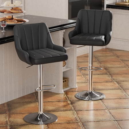 VECELO Set of 2 Swivel Bar Stools, Adjustable Counter Height Barstools Faux Leather Chair with Backrest and Armrest, Black