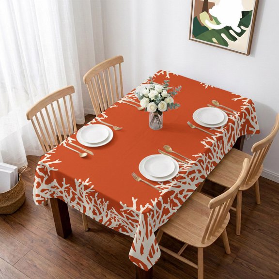 Coastal Coral Table Cloth Waterproof Tablecloths, Orange White Ocean Marine Nautical Beach Tablecloth Dining Table Cover for Kitchen Party Tabletop Outdoor, Rectangle Tablecloth 52x70 Inch