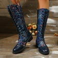 thumbnail image 3 of Vintage Embroidered Mid Calf Combat Boots for Women 2025 Retro Leather Low Heel Knee High Tall Dress Boots Blue Size 8.5, 3 of 7