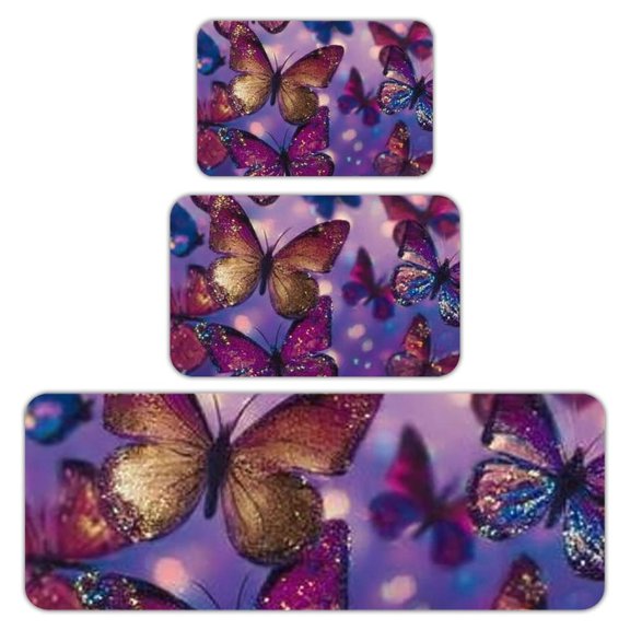 RKSupls Kitchen Rug Set 3 Piece Anti-Slip Flannel Floor Mats, Glitter Butterflies Purple Washable Absorbent Runner Mats for Kitchen Bathroom Home Decor