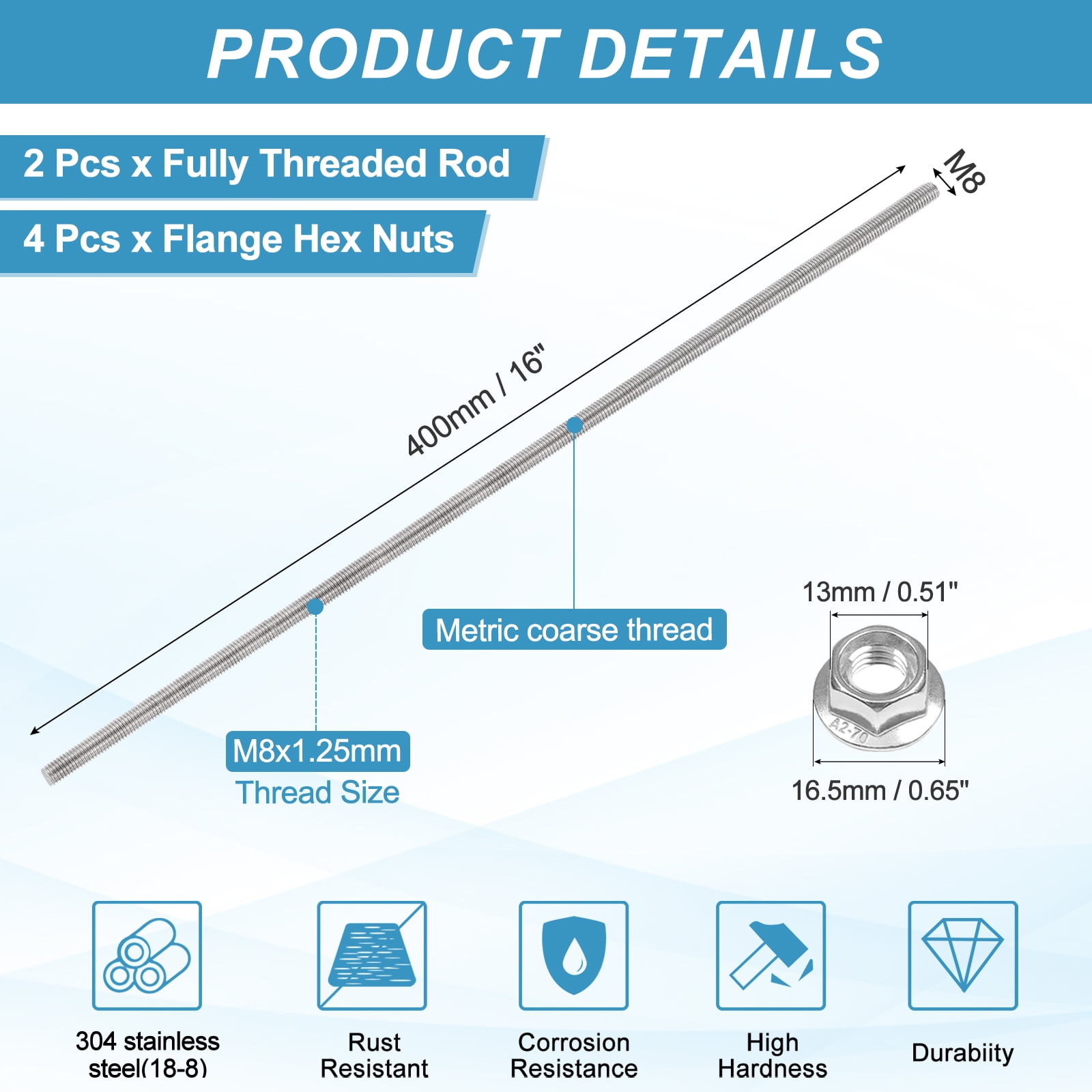 Uxcell 2 Set M8 x 1.25mm Fully Threaded Rods 16 Inch, 304 Stainless Steel All Threaded Rod Metric Right Hand Threads with 4Pcs Flange Hexagon Nut for Clamps Hangers U-Bolt