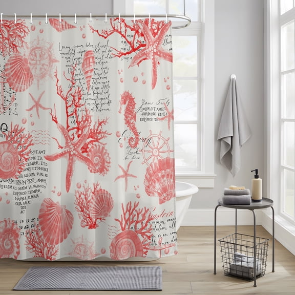 Pink Marine Shell Coral Starfish Shower Curtain Set, Waterproof Shower Curtains With Grommet Hooks, Ocean Life Newspaper Texture Privacy Bathroom Curtain for Bathtub 72x72IN