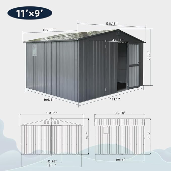 TOTAL Outdoor Storage Shed 11' x 9',Metal Steel Utility Tool Shed Storage House with Double Lockable Doors & Air Vents for Garden,Backyard,Lawn(Gray)