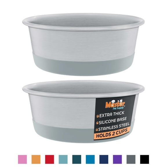 Master Pet Supply Stainless Steel Dog Bowls Set of 2 with Extra Thick Silicone Base - 2 Cup (16 oz) Graphite, Non-Slip, Dishwasher Safe Metal Bowls, Pet Dog Food Bowl for Dogs, Cats, Anti Rust