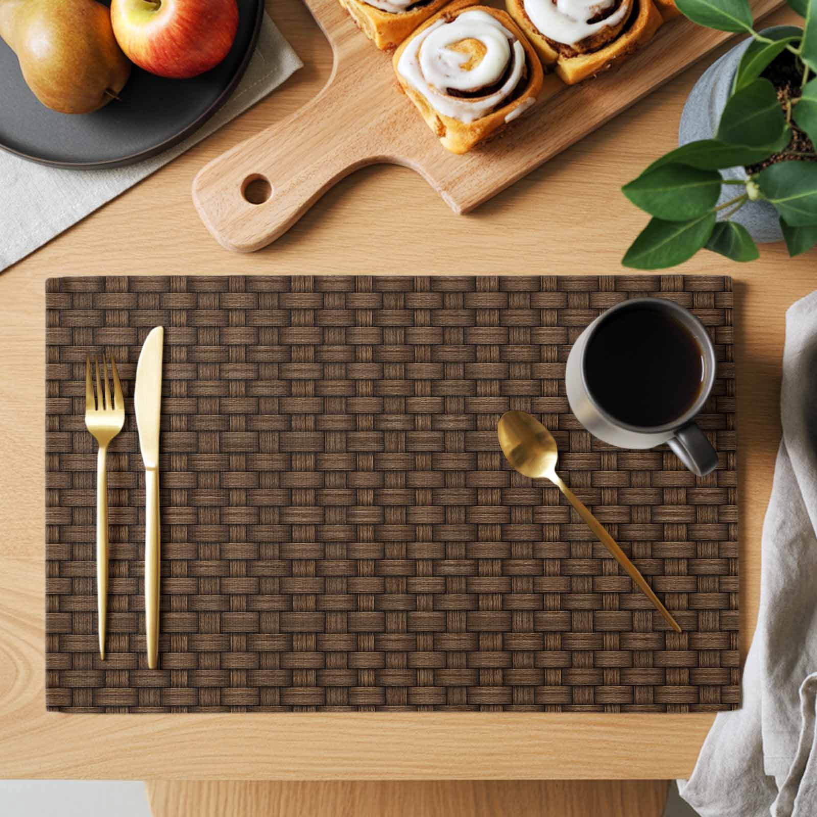 Placemats Set of 4, Dark Brown Rattan Woven Placemat, Linen Place Mats for Kitchen/Dining Tables, Vintage Abstract Wicker Texture Washable Table Mats for Party