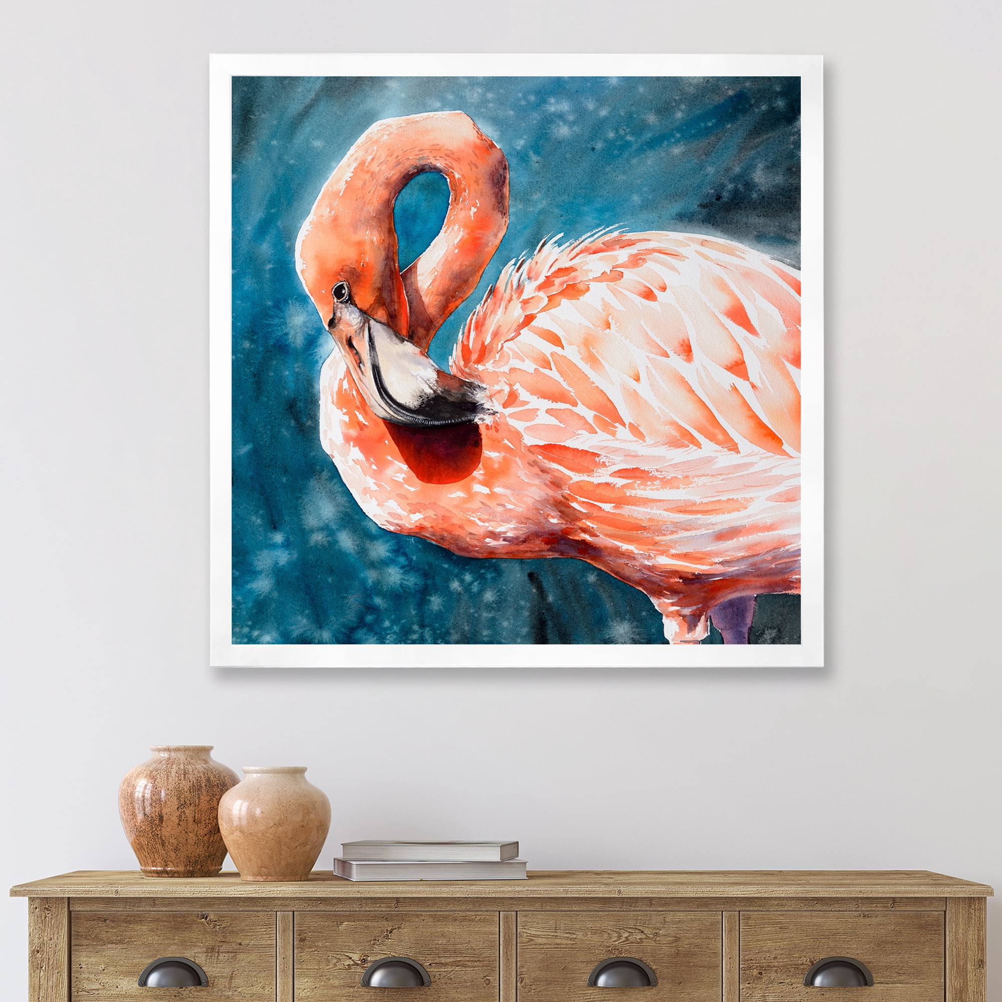 Designart 'Pink Flamingos Love Birds In Blue Water II' Farmhouse Framed Art Print