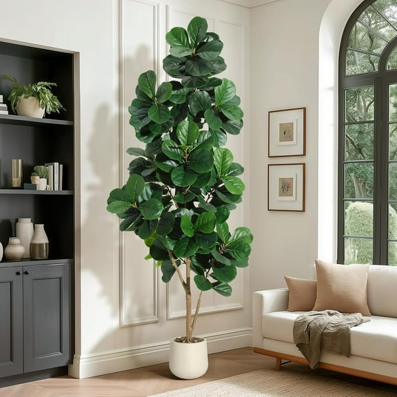 7FT Artificial Fiddle Leaf Fig Tree with 48 Leaves in 9" White Planter, Realistic Faux Ficus Lyrata Indoor Plant for Home Office Living Room Decor