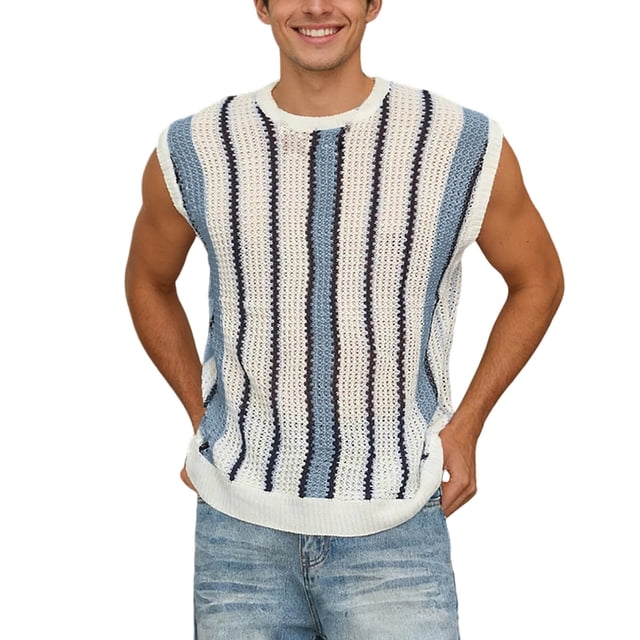 Men's Spring And Summer Sleeveless Striped Loose Fit Casual Knitted Openwork Vest For Everyday Wear And Leisure