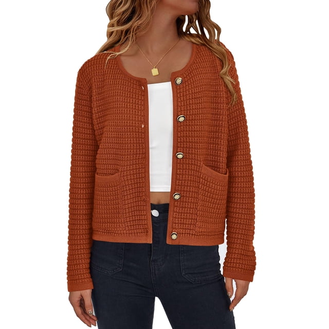 Suéter PRETTYGARDEN XL Caramelo Tejido Abierto con Botones