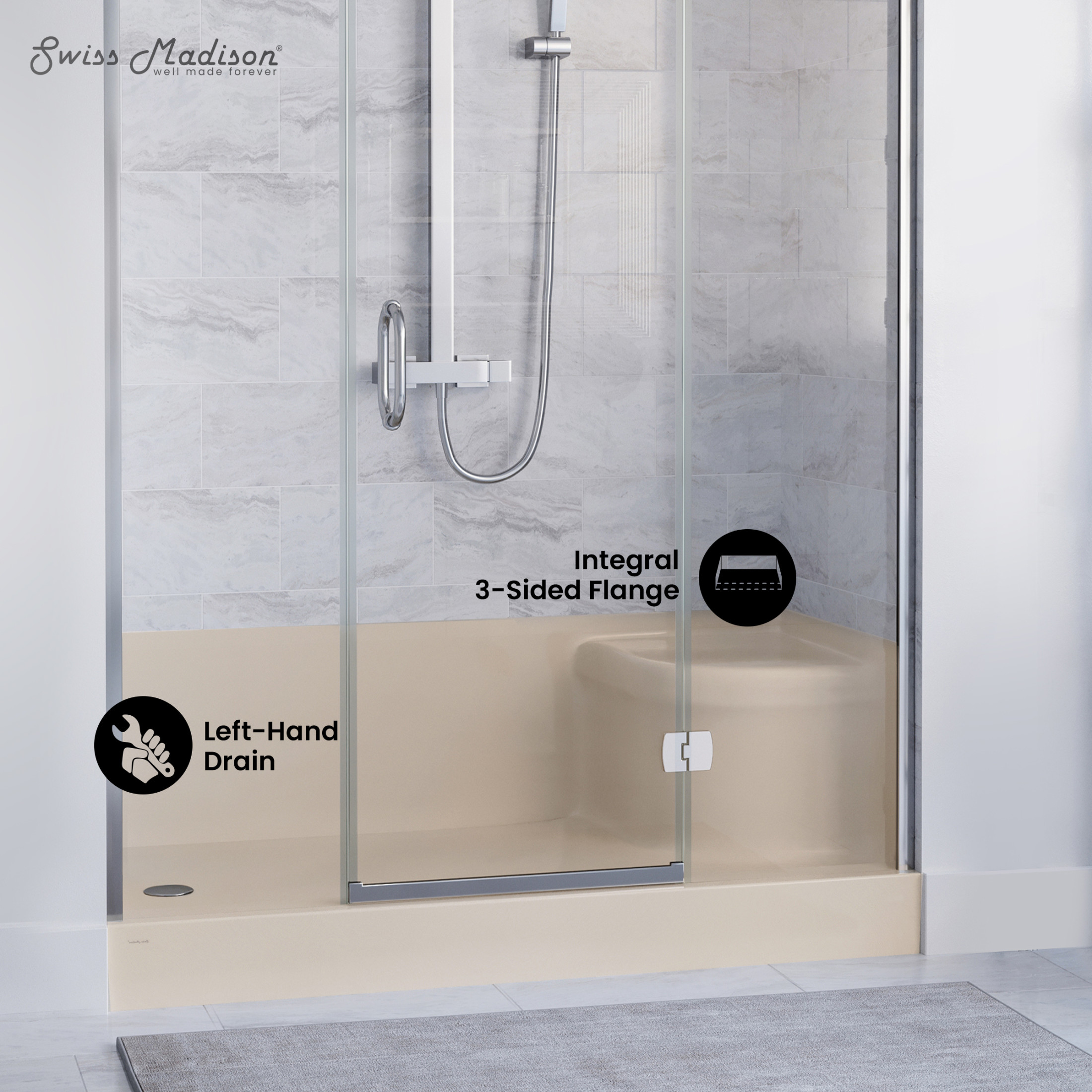 Aquatique 60" x 32" Single Threshold Shower Base With Left Hand Drain and Integral Right Hand Seat in Biscuit